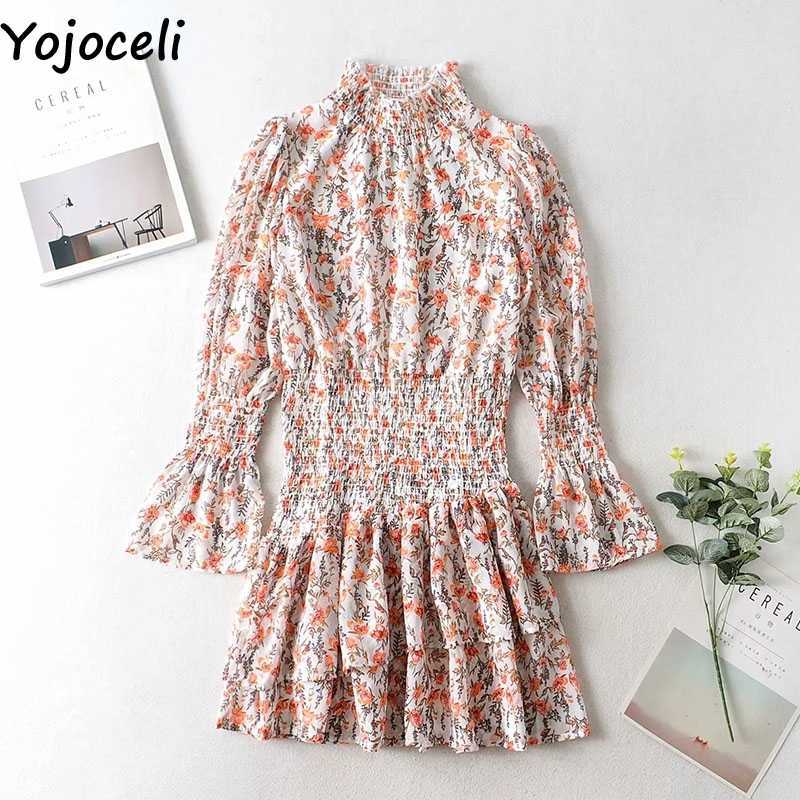 Yojoceli Elegant ruffle print short dres Autumn shirred leopard mini vestidos Casual cool sexy beach daily 210609