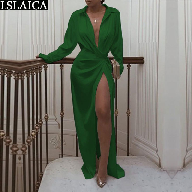 Womens Dresses Turn-down Collar White Geometry Print Streetwear Bandage Long Sleeve Hollow Out Sexy Hem Split Dress 210515