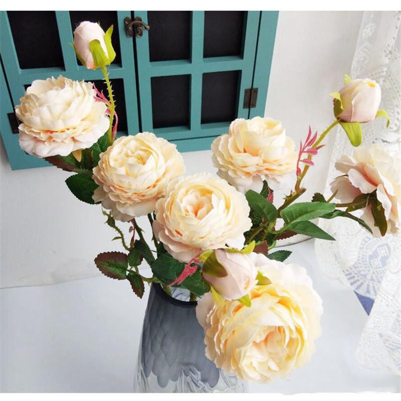 Champagne sky blue Rosa Decoration Artificial Silk Flowers Leaves 3 heads Long Roses Stem Rose Wedding Party Home Decorative