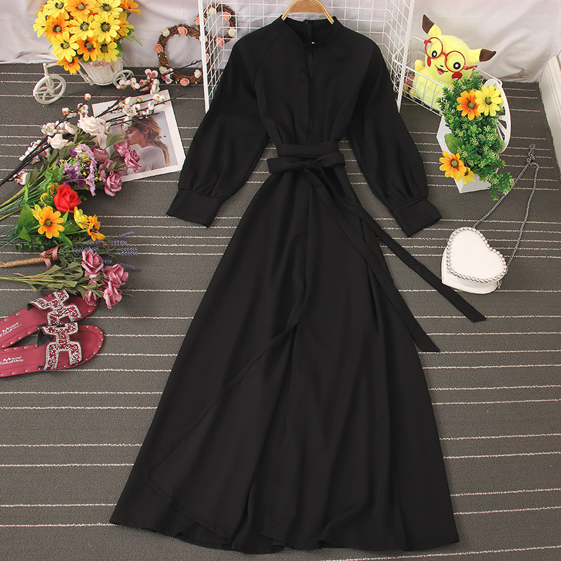 Autumn Winter Vintage Solid Full Dress A Line O Neck With Belt High Waist Slim Mid-Calf Women Dress 210521