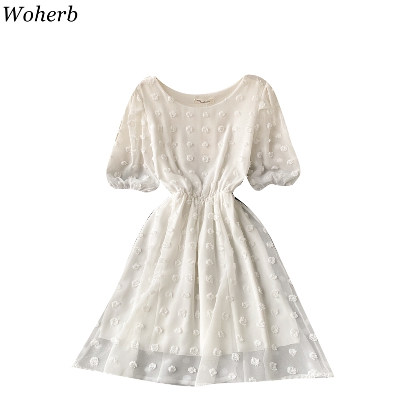 White Dresses for Women Korean Fashion Robe Tassel Polka Dot Puff Sleeve Vestidos Mujer Slim Sweet Chiffion Dress 210422