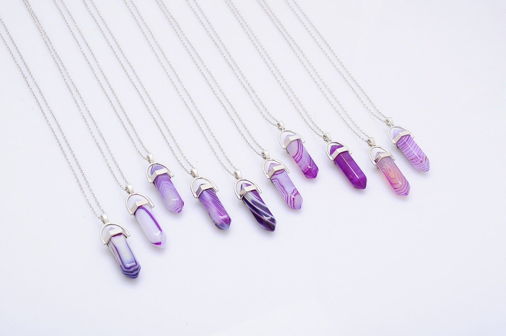 Red Blue Purple Stripe Agate Necklaces Chakra Reiki Healing Hexagon Prism Crystal Pendant Pendulum Necklace