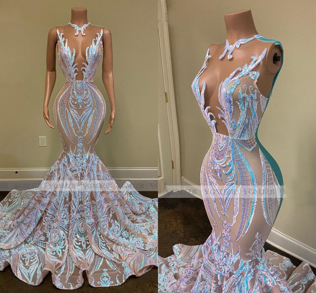 Black Girls Sparkly Sequin Long Prom Dresses 2021 Sexy sheer o Neck Mermaid African Women Gala Evening Party Gowns robes