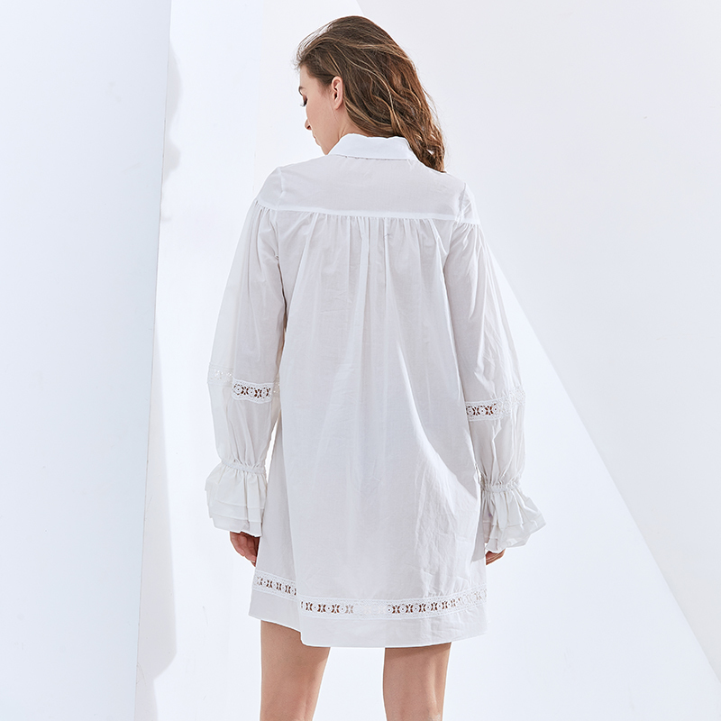 Loose Patchwork Pleated Dress For Women Lapel Long Sleeve Casual Elegant White Dresses Female Fashion Clothing 210520