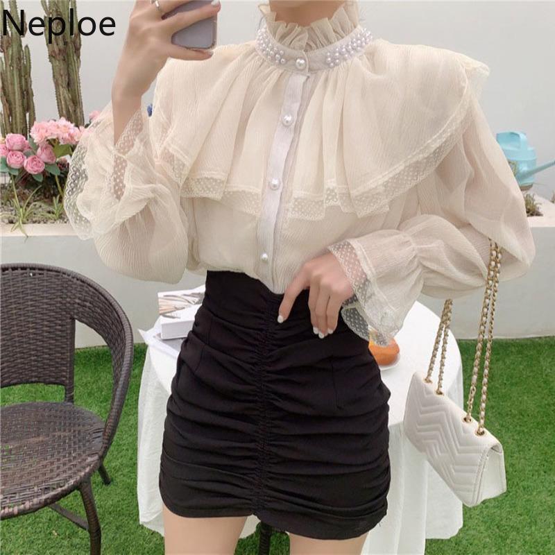 Neploe Fashion Lace Women Shirts Spring Clothes Blouses Half Urtleneck Ruffles Lantern Sleeve Blouse Elegant Beading Blusas Tops 210422