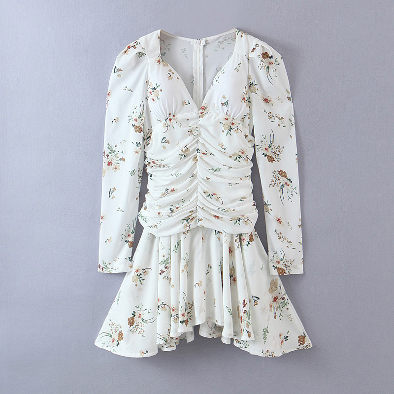 Women Sexy V neck Flower Print Puff Sleeve Pleated Ruffles Mini Dress Package Hips Hem Irregular Party Dresses 210429
