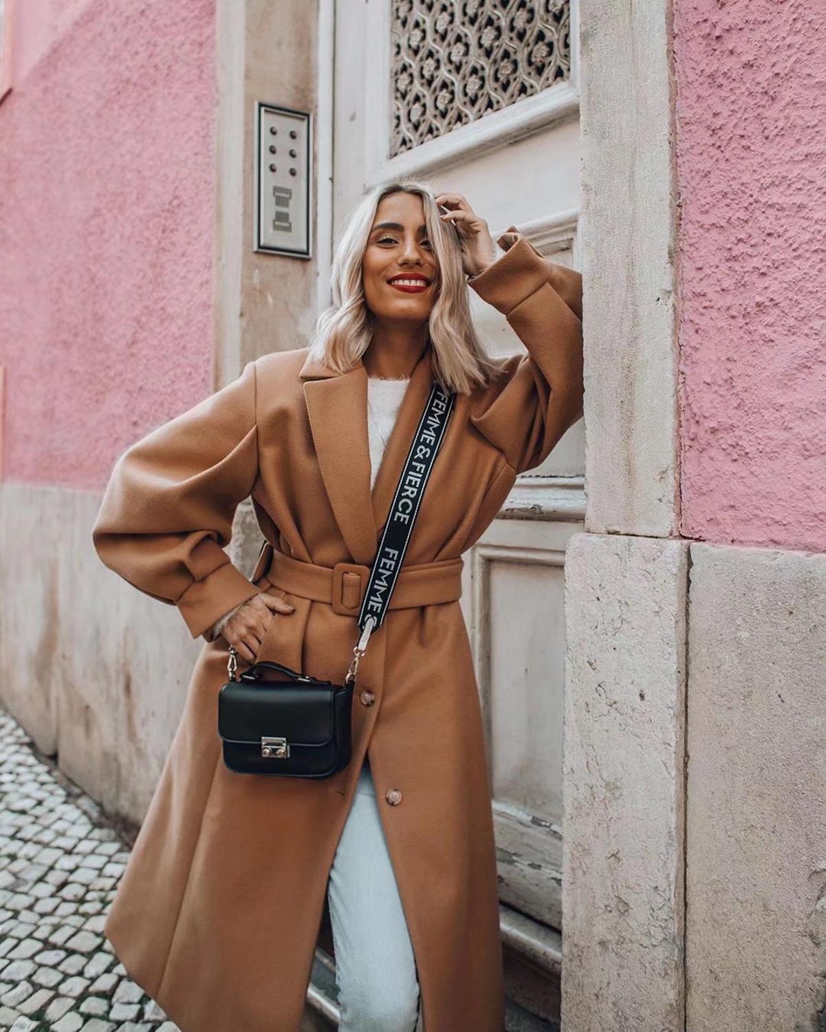 Autumn Winter Oversize Trench Women Jacket Tie Bow Sashes Woolen Puff Sleeve Long Coat With Belt Tops Outerwear 210429