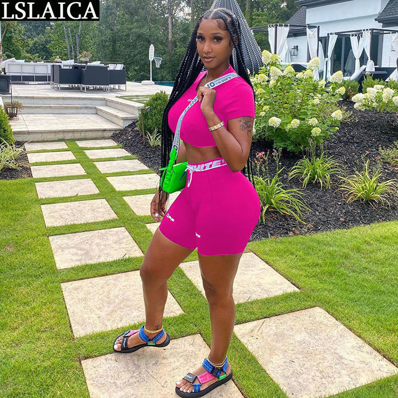 Two Piece Short Top&Shorts Knit Letter Print Elastic Waist Tracksuits Women Set Solid Casual Fashion Biker Shorts 2 210515