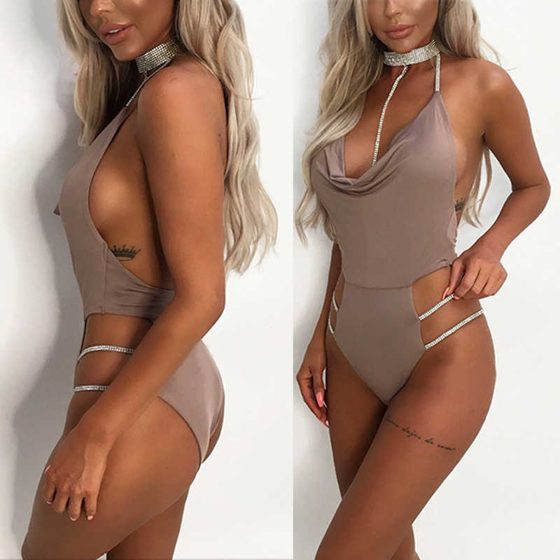 Colysmo Diamond Bodysuits Women Halter Backless Sexy Romper Summer Side Hollow Out Party Club Wear Black Bodysuit 210527