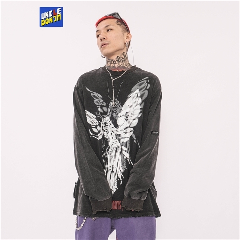 UNCLEDONJM Graphic t shirs Damaged vinage Hip Hop Long sleeve shir oversized shir Sreewear Harajuku Ripped Tees 220309