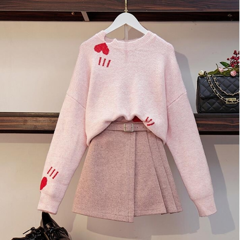 Pink Sweater Woolen Skirts Suit Fall Winter Women's Playful Love Heart Jacquard with Belt A-line Skirt 2 piece Set 210525
Pink Sweater Woolen Skirts Suit Fall Winter Women's Playful Love Heart Jacquard with Belt A-line Skirt 2 piece Set 210525