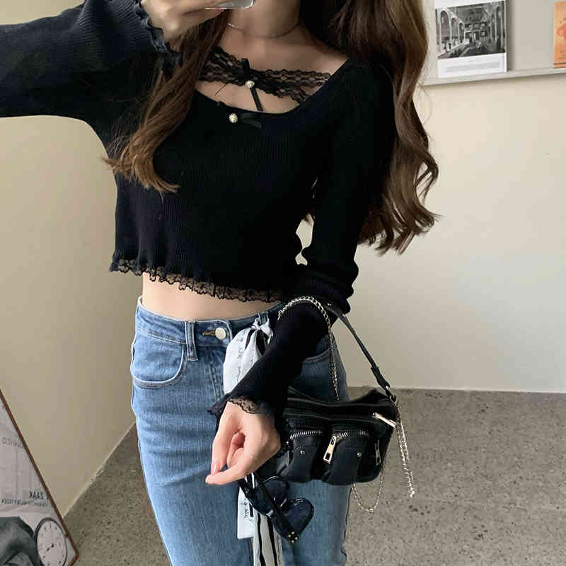 Nomikuma Sweet Bowknot Lace Square Collar Long Sleeve Knitwear Korean Slim Short Knitted Tops Autumn Pullover Pull 6C869 210427