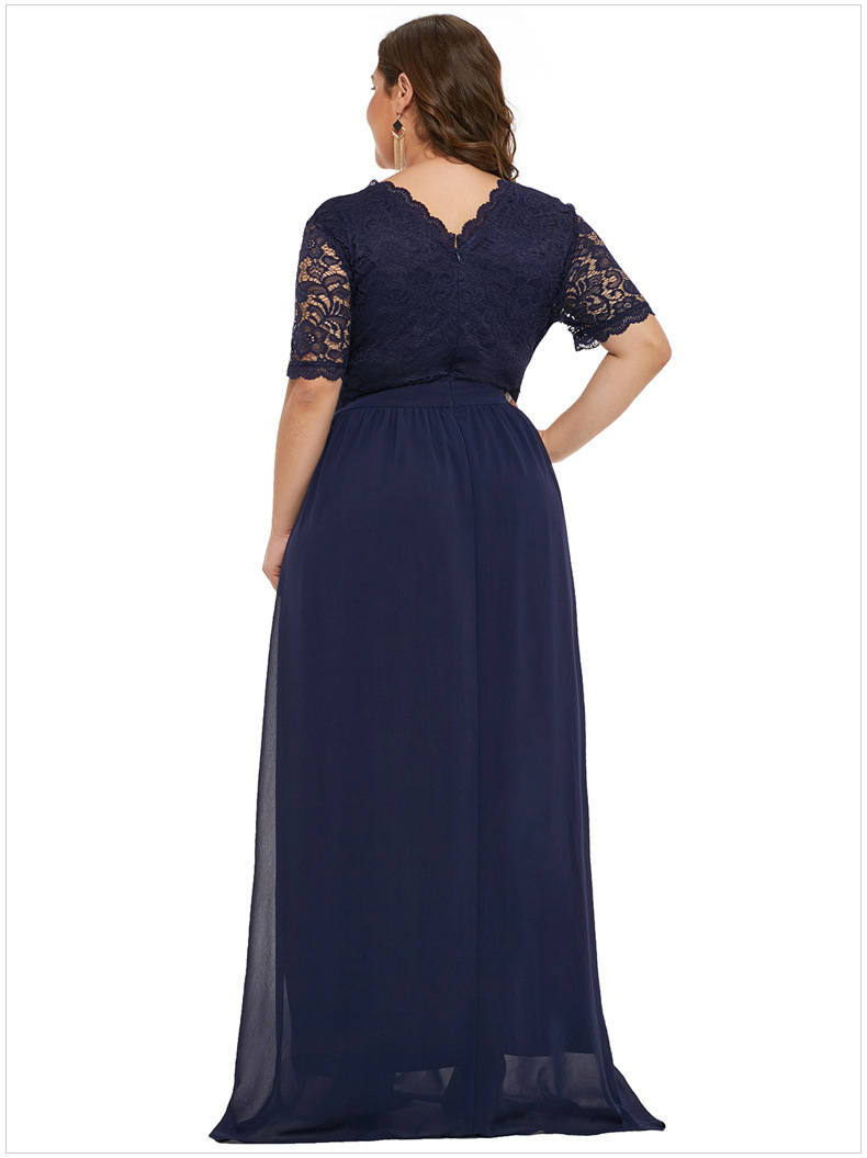 Plus Size V Neck Mother Of The Bride Dresses A Line Lace Chiffon Long Formal Evening Gowns Dark Navy Wedding Guest Dress
