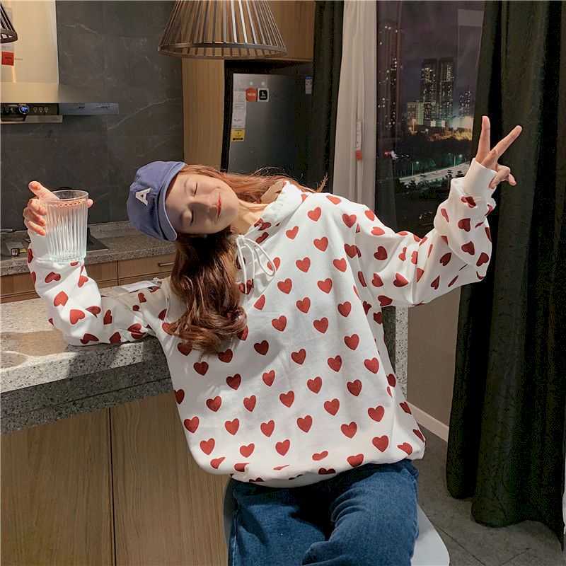 Hooded love sweater women's cotton spring and autumn loose lazy wind wild long-sleeved jacket casual 210526