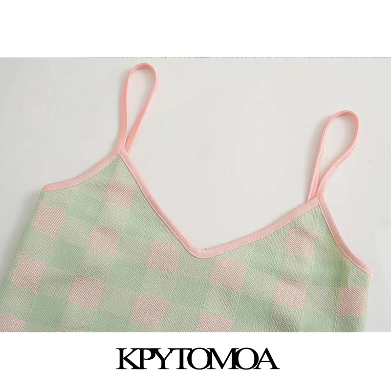 Women Fashion Check Cropped Knitted Tank Tops Vintage V Neck With Thin Straps Female Camis Mujer 210416