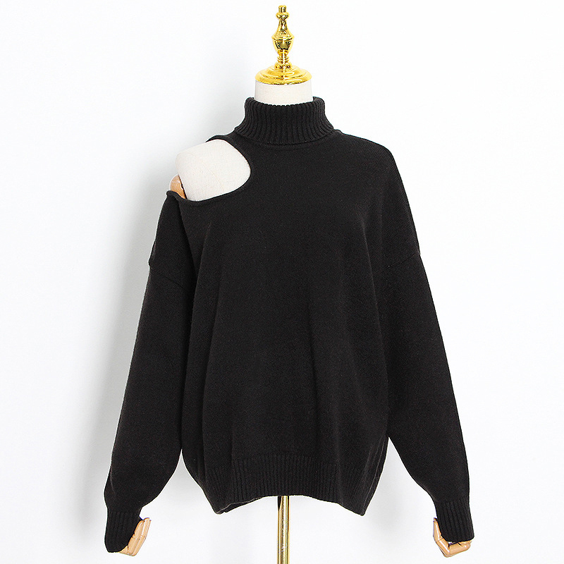 Black Off Shoulder Sweater For Women Turtleneck Long Sleeve Hollow Out Sweaters Female Fashion Clothing 210524