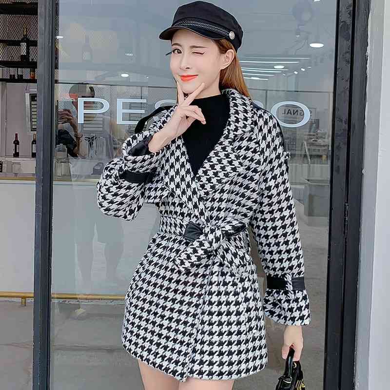 Houndstooth Viintage Wool&blend Coat Women Winter Turn-down Collar Belted Korean Fashion Ladies Outercoat Overcoat Femme 210514