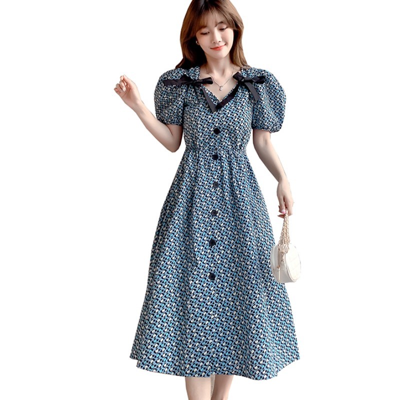 Vintage Summer Elegant Women Sweet Bowknot V-Neck Single Breasted Casual Dress Fashion Print A-Line Midi Long Vestido 210519