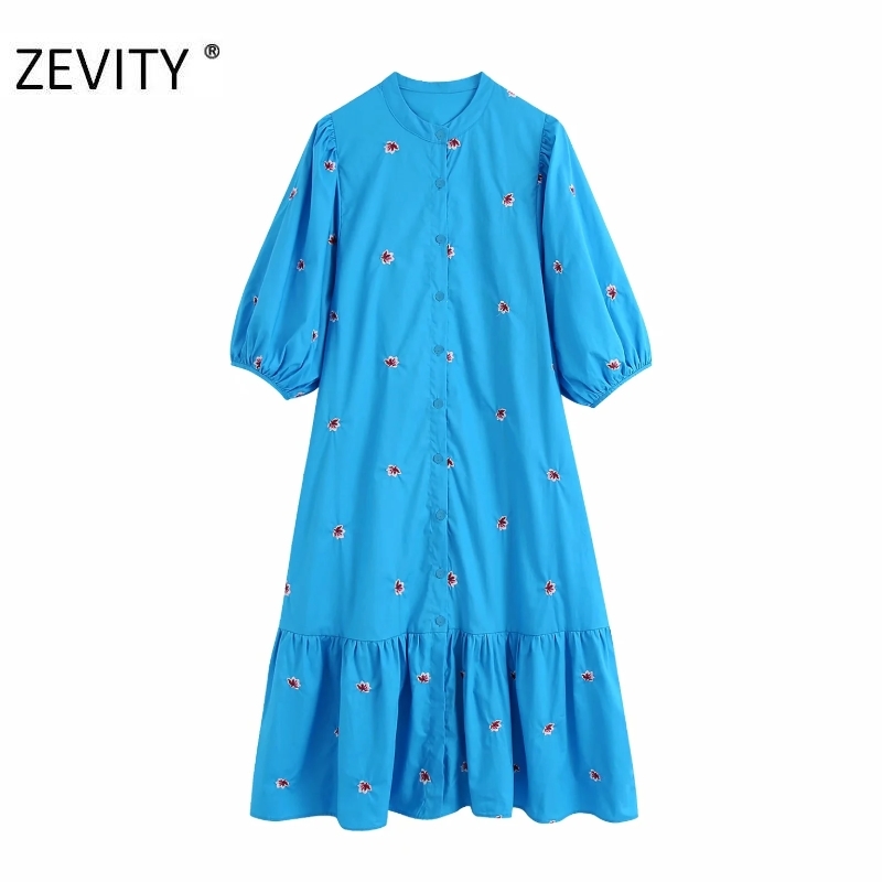 women vintage lantern sleeve flower embroidery midi shirtdress female hem pleats vestidos chic casual loose dresses DS3436 210409