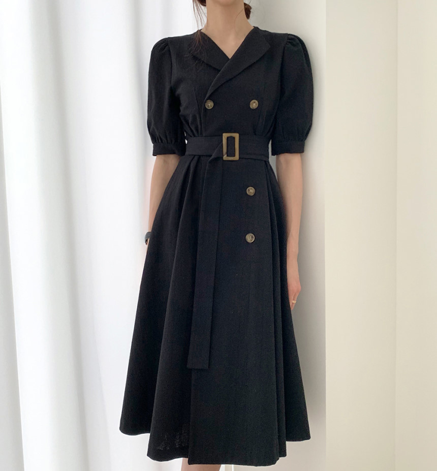 Korean Women Summer Dress High Waist Casual Double Breasted Puff Sleeve Lace up Elegant Long 210519