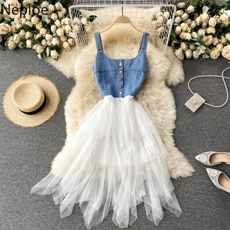 Vestido De Mujer Vintage Denim Vest Patchwork Irregular Gauze Dress Female Summer Korean High Waist Slim A-line Dresses 210422