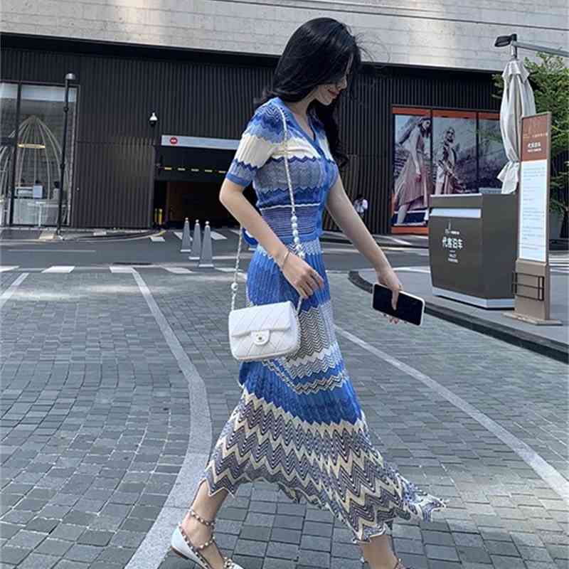 Summer Fashion Two Piece Set Wavy stripes Knitting Short sleeve Cardigans Top + High Waist Long Skirt Outfits 210519