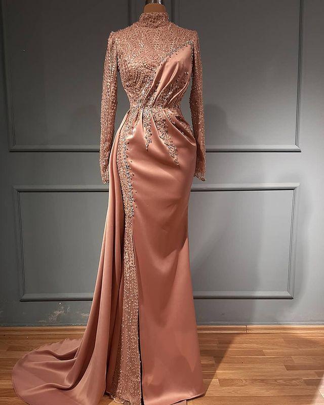 Blush Pink Muslim Evening Formal Dresses With Long Sleeve High Neck Sparkly Lace Beaded Arabic Aso Ebi Occasion Prom Gowns