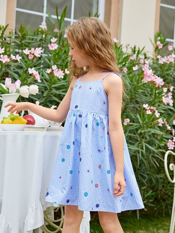 Girls Gingham & Floral Print Tie Shoulder Cami Dress SHE