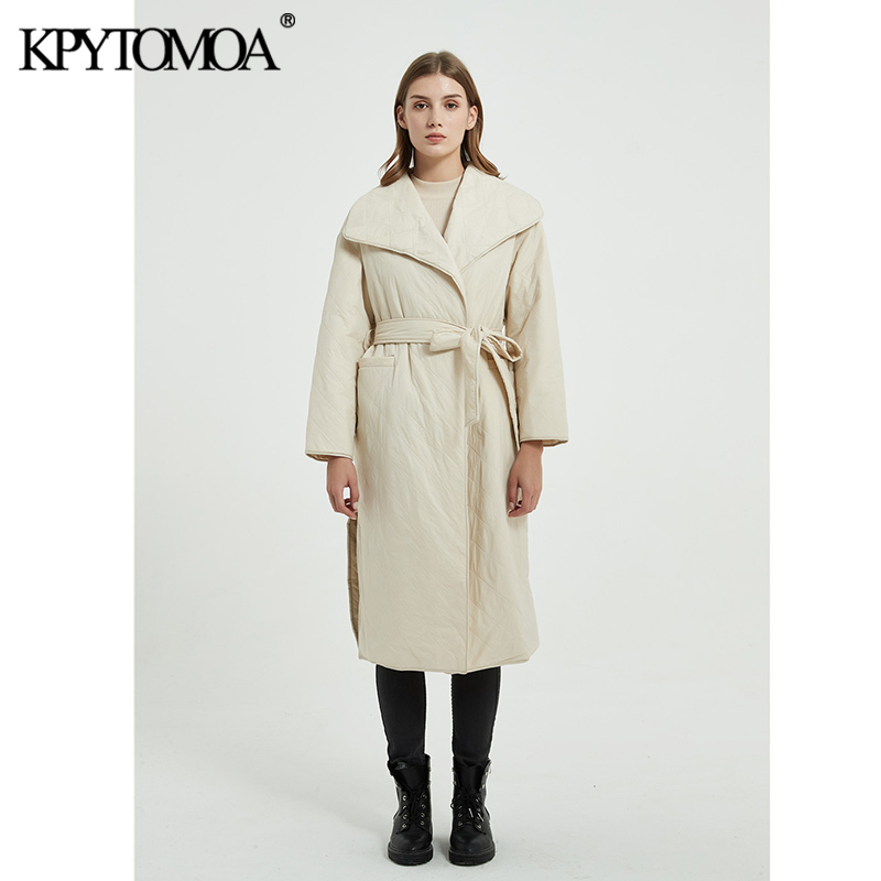 Women Fashion With Belt Loose Parkas Wrap Padded Coat Long Sleeve Side Vents Female Outerwear Chic Overcoat 210420