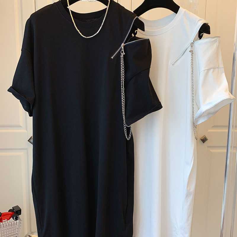 Women Dress Korean Zipper Chain Sexy Strapless Short Sleeve Dresses Summer Causal O-neck Vestidos Mujer 6J519 210603