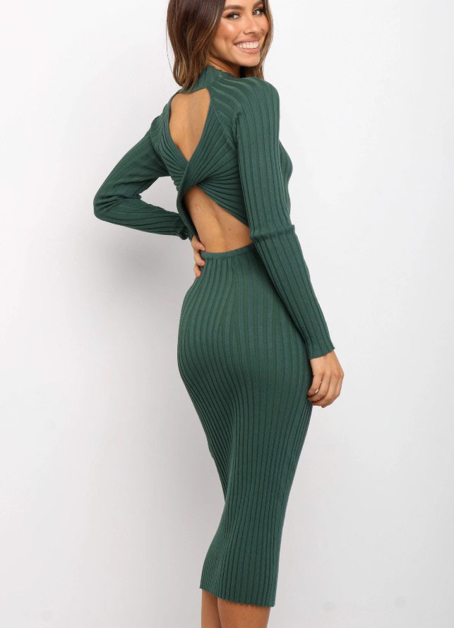 Women Dress Temperament Knitted es Stripe Backless Slim Thin Long Sexy Plus Size Ladies es Winter 210513