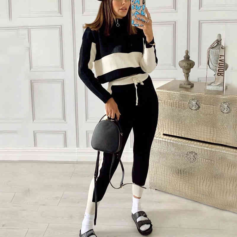 Two Piece Set Women Stitching Printed Casual Set Women Long Sleeve Zipper Tops Elastic Waist Soft Home Suit Women Clothing 210515
