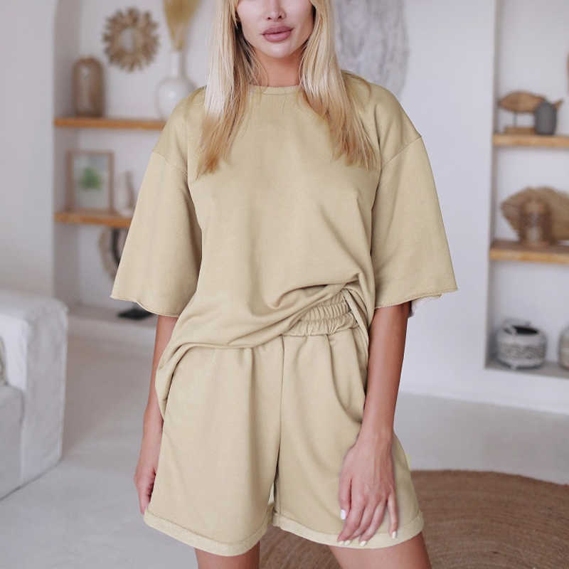 Casual Women Tracksuit Two Piece Set Oversize Sweatshirts And Shorts Sportswear Outfit Solid Y2k Set Summer Autumn 210709