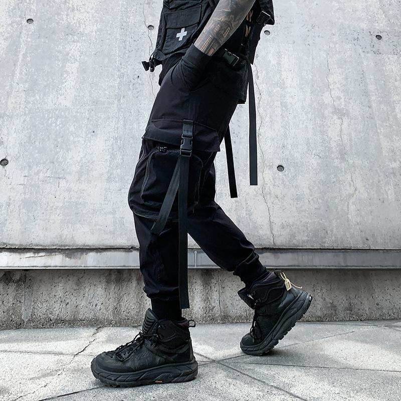 Zipper Big Pockets Ribbons Hip Hop Men's Harem Ripped Sweatpants Joggers Trousers Male Fashion Punk Full Length Pencil Pants