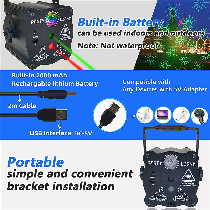 Party Stage Laser Lighting USB Charge Strobe DJ Disco Light Sound Activated Remote Control Projector Lamp for Home Birthday Bar Rave Wedding Christmas