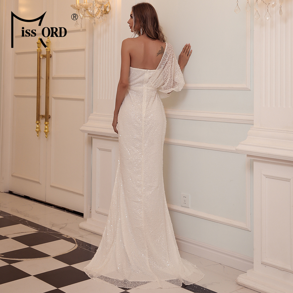 Missord Sexy One Shoulder Sequin Evening Party Dress Floor Length Maxi Dress Solid Color High Split Backless Women Dress M0843 210331