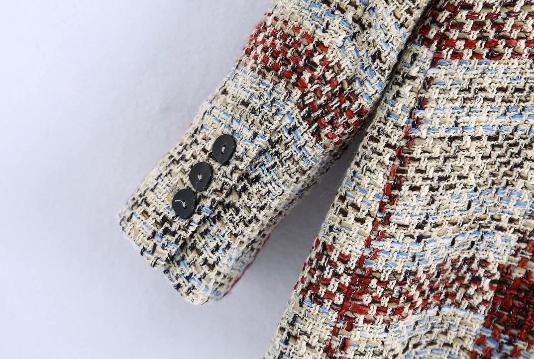 Spring CHIC Women Weave Tweed Gingham Plaid Blazer Retro Elegant Double-breasted Buttons Suit Female Fashion Vintage Coat 210429