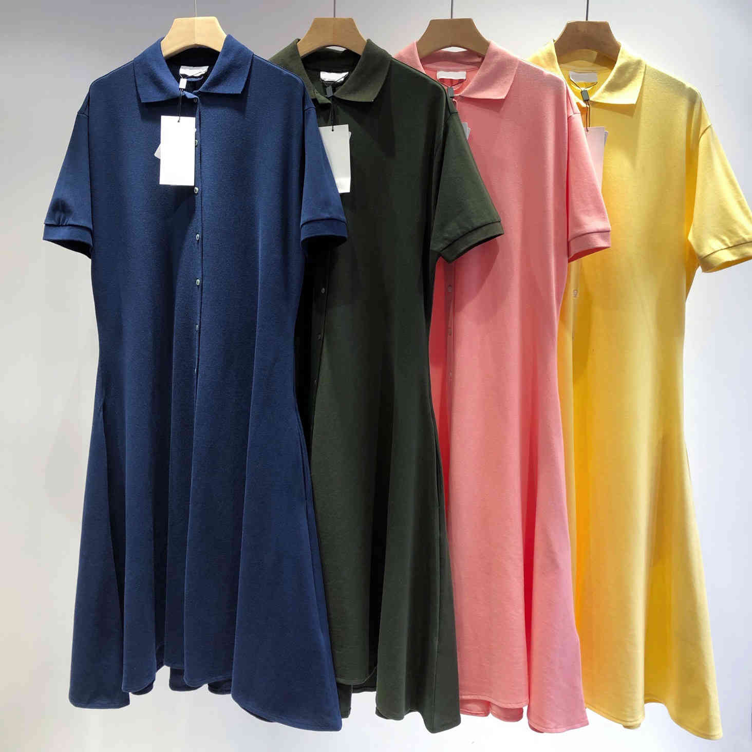 French solid embroidery fish polo collar dress casual belt short sleeve single breasted long skirt, Yellow