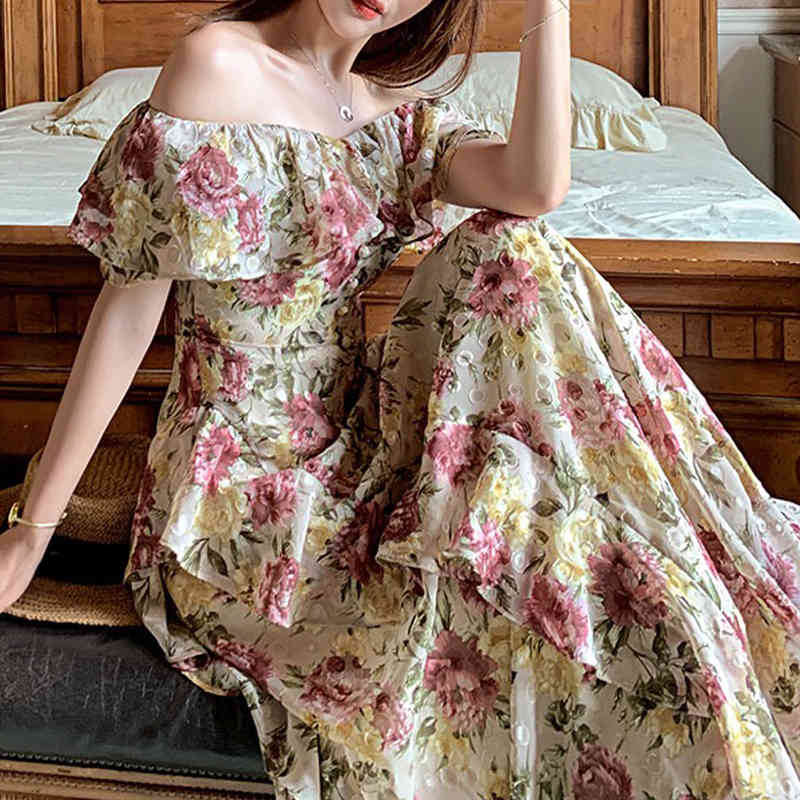 French Elegant Vintage Dress Women Floral Floor-Length Beach Dress Sexy Wedding Party Long Dress Female Korea Style Summer 210329