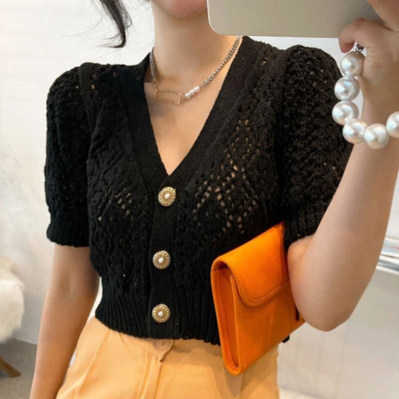 Korean Hollow-out Short Knitwear Sexy Slim Puff Sleeve V-neck Knitted Cardigan Summer Women Jumpers 6J022 210603
