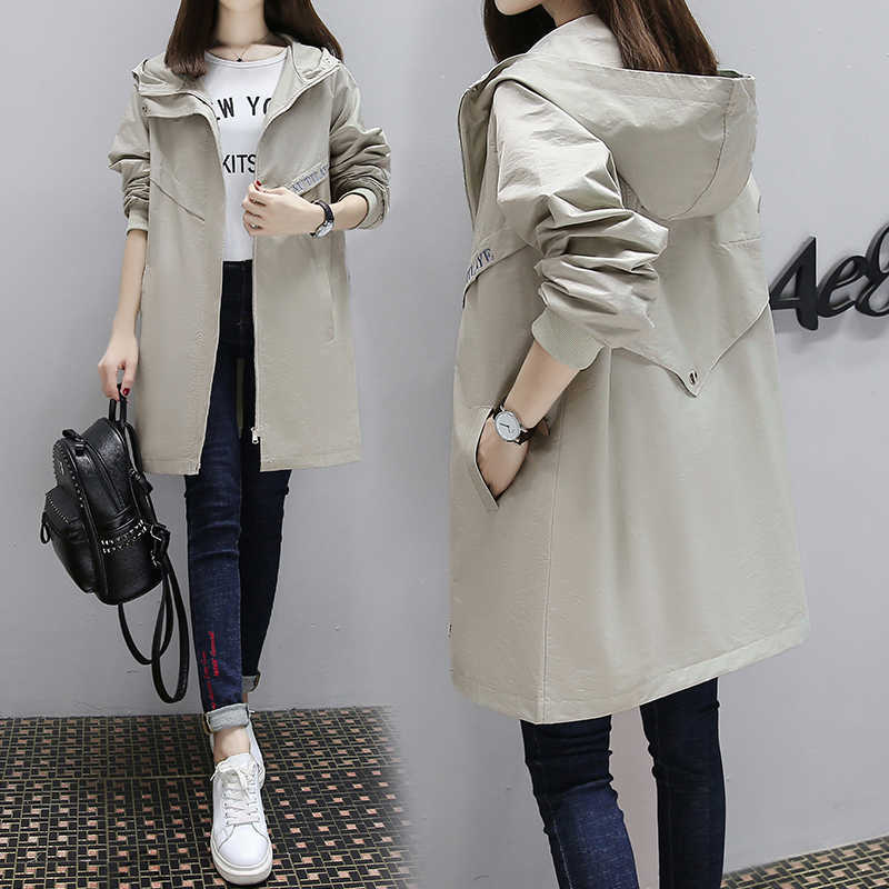 Spring Autumn Trench Coat Women Loose Streetwear Long Windbreaker Female Zipper Hooded Plus Size Korean Fashion Clothes 210820