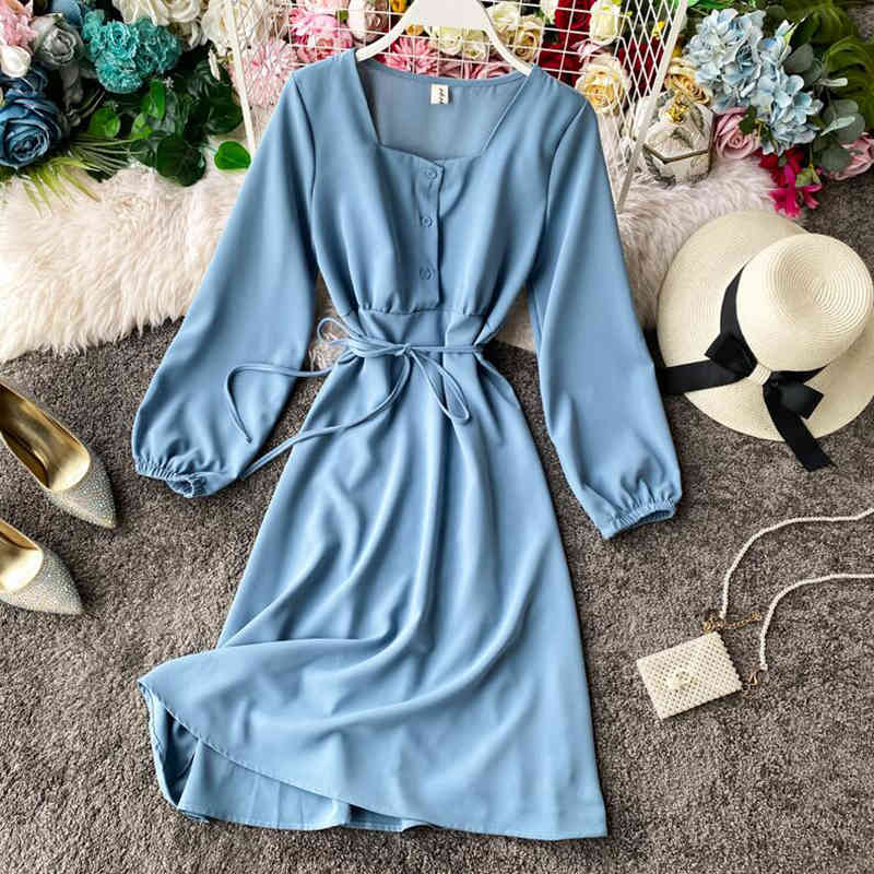 Spring Korean Solid Color Dress Women Long Sleeve Slim Party Dress Square Collar Basic Dresses High Waist Elegant Vestidos 210521
