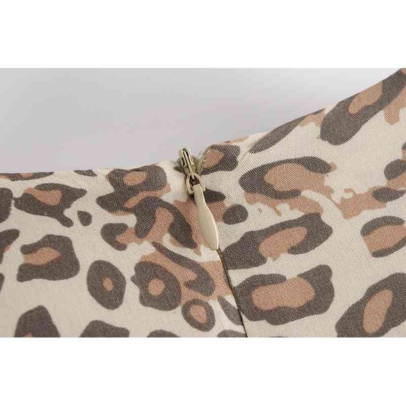 Spring Bohemia Round Neck Khaki Leopard Print BOHO Dress Hippie Women 3/4 Sleeve Loose Straight Short Dresses Holiday 210429