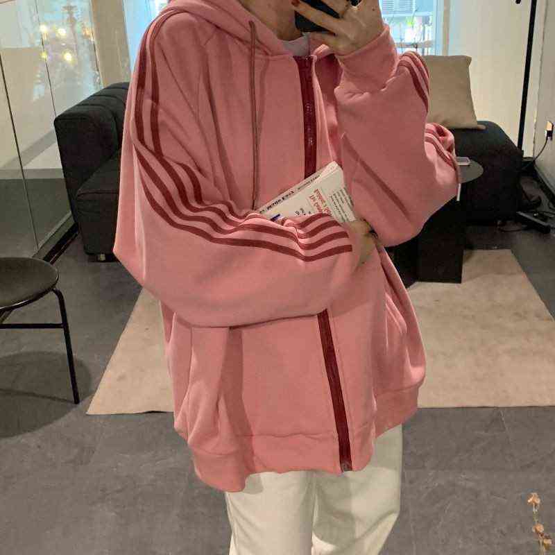 Oversized Zip Hooded Sweatshirt Autumn Jacket Women Korean Fashion Spring Clothes Harajuku Print Long Sleeve Chic Zip-Up Hoodies 211109