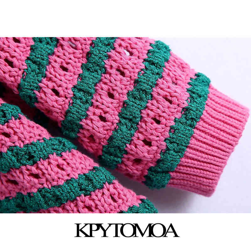 Women Fashion Striped Cropped Knitted Cardigan Sweater V Neck Short Sleeve Female Outerwear Chic Tops 210420