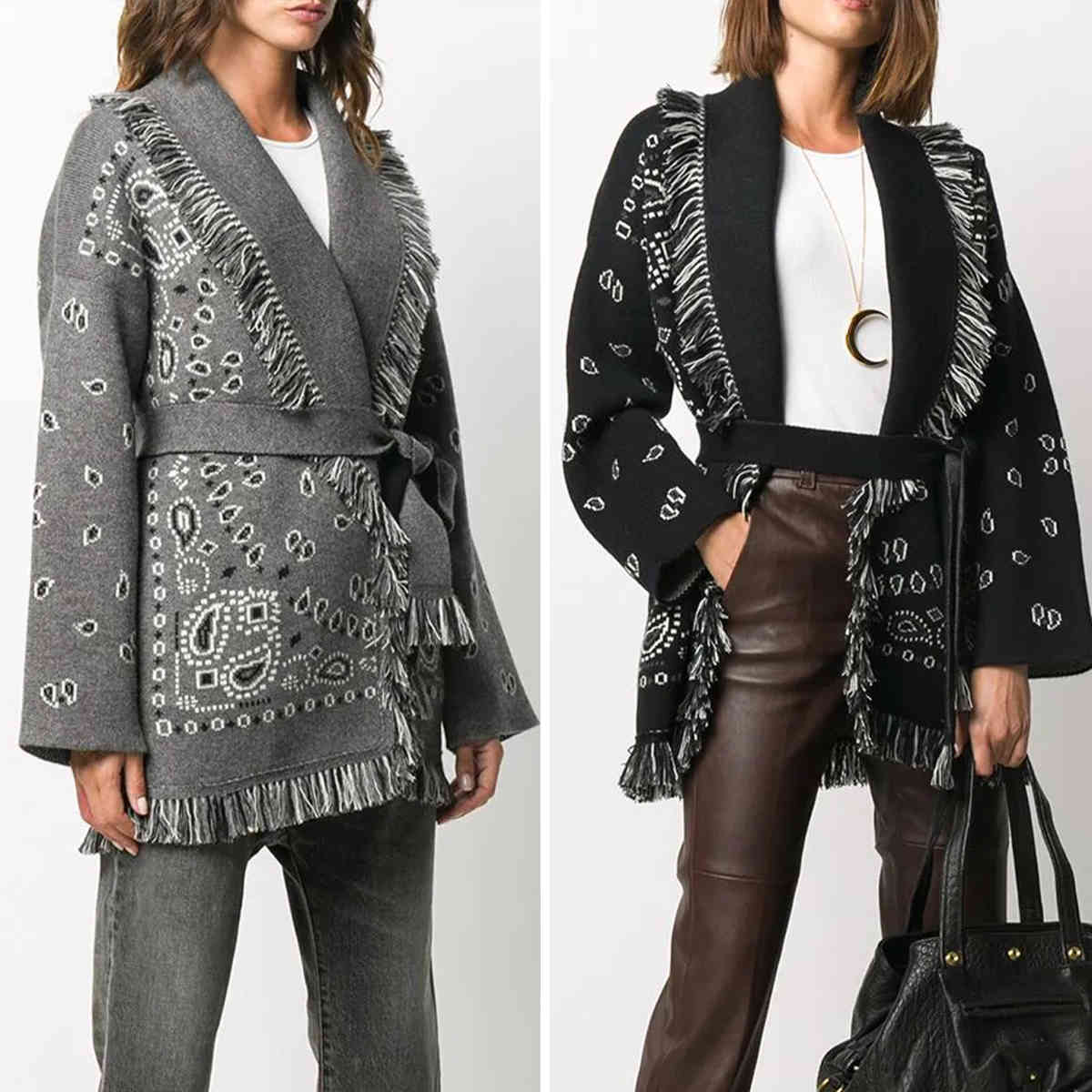 Jastie Cashmere Bandana Motif Fringed Cardigan Women V-Neck Tie Waist Long Sleeve Winter Sweater Knitwear Warm Thick Overcoat 210419