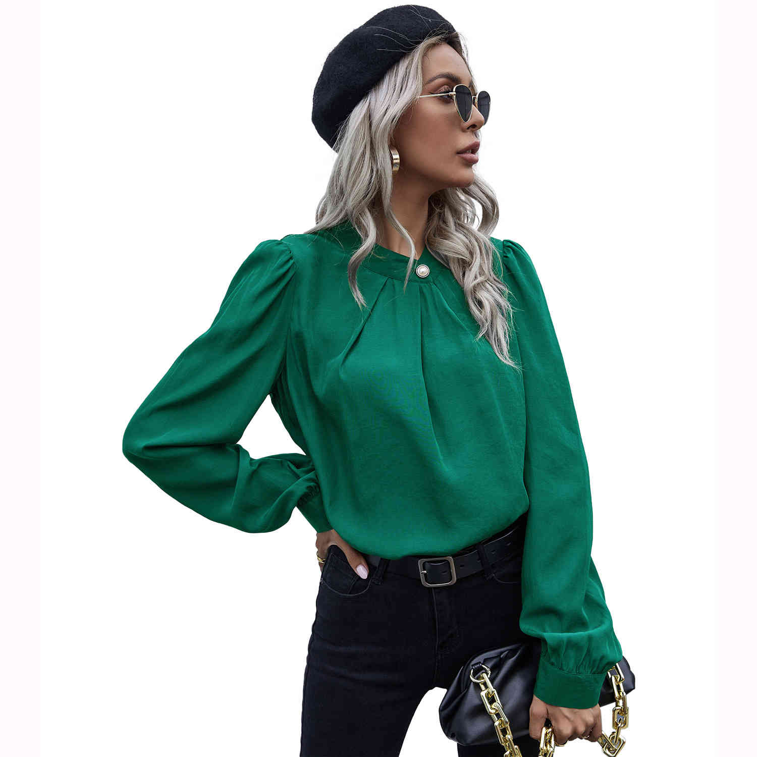 Fashion loose elegant pearl button shirt tops for women autumn and summer womens clothes Solid blouse Office Lady s 210508