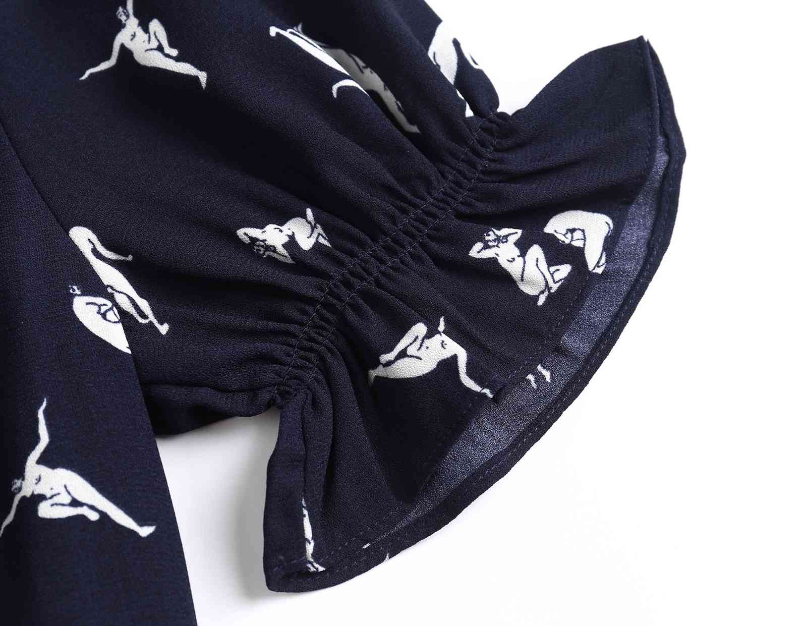 Summer Navy Retro Puff Sleeve Person Print Dress for Woman Square Collar Hem Slit Midi Dresses Holiday 210429