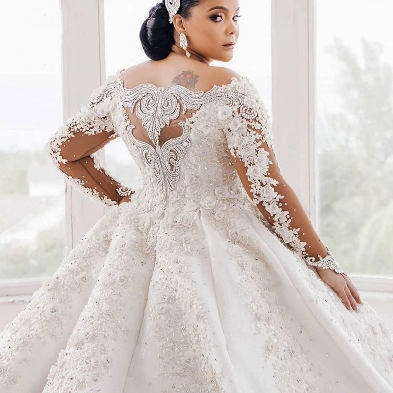 Cathedral Tail Princess Wedding Dresses Large Neck Beaded Crystal Lace floral Long Sleeve Arabic Dubai Bridal Gown Vestidos