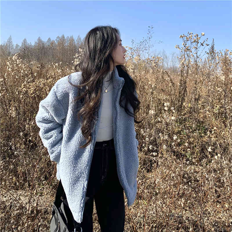 3 colors autumn and winter korean style stand collar solid color lamb wool thick warm coats and jackets womens (C2956) 210423